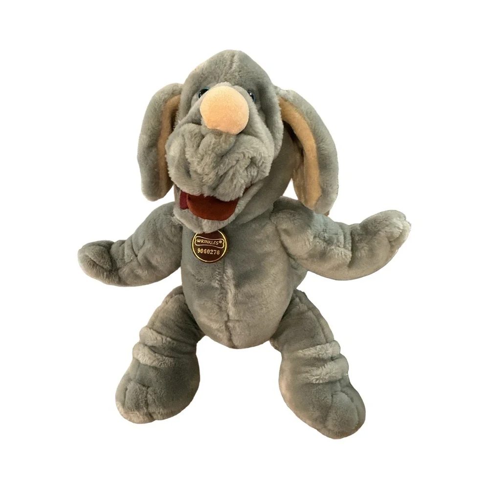 Vintage 1981 Wrinkles Dog Hand Puppet Ganzbros Grey Plush Medallion 9060276